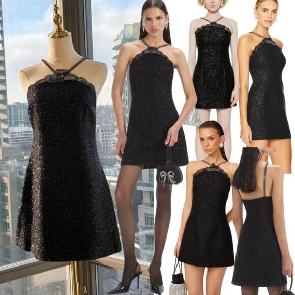 🆕 SELF-PORTRAIT 🧿 NWOT Black Tinsel Boucle Halter Mini Dress, Sz UK 12 US 8 - Picture 1 of 16